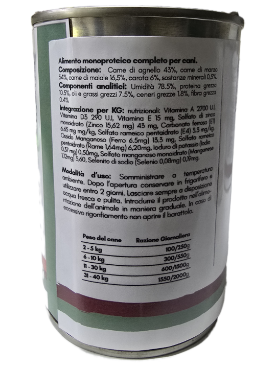 CARNE MULTIPROTEICO AGNELLO 43% MANZO 34% MAIALE 16.5% CONFEZIONE DA 400gr