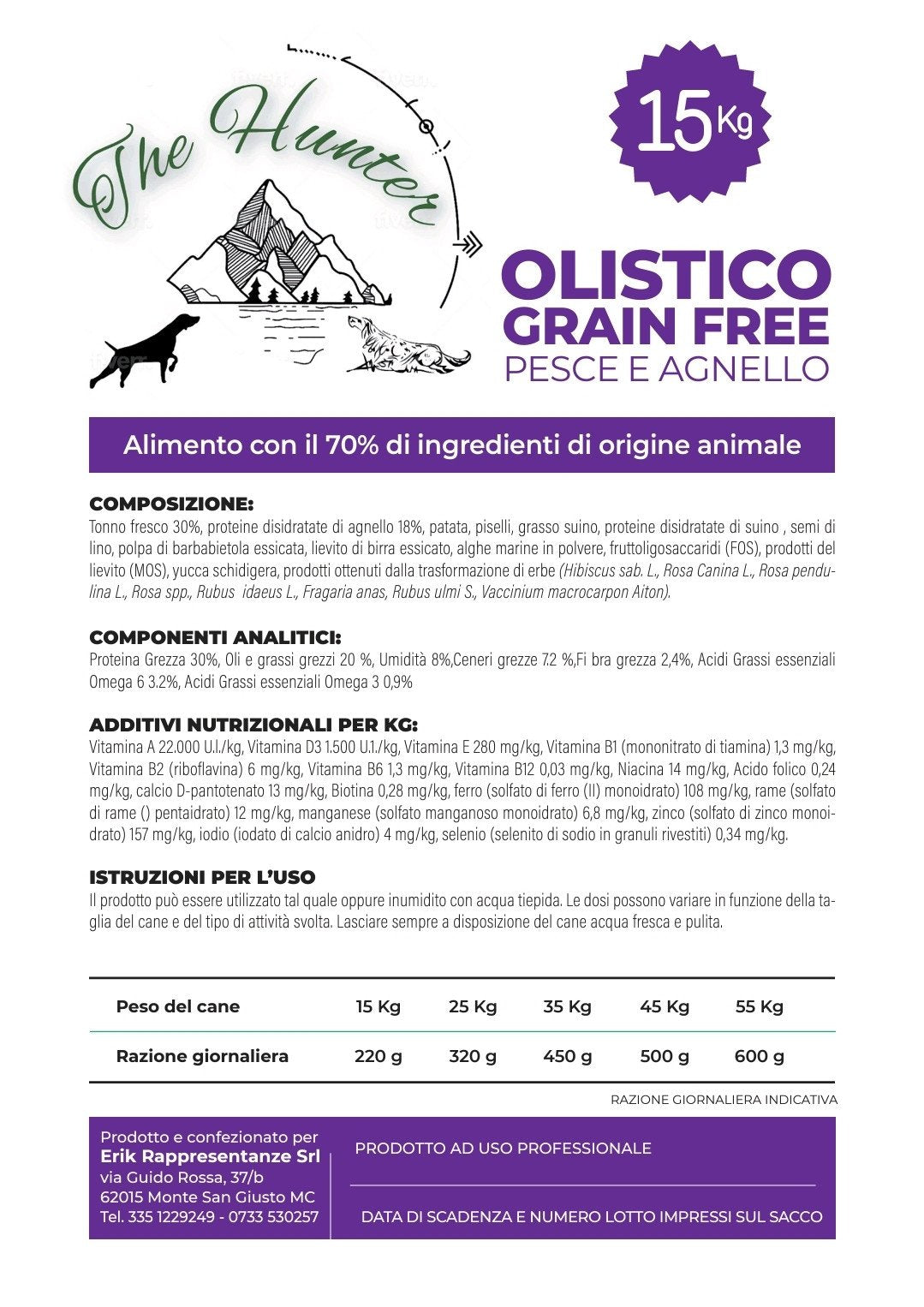 Alimento Olistico Grain Free PESCE e AGNELLO 15 Kg con ingredienti di origine animale.